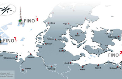 Eine Karte der Nord- und Ostsee, auf der die drei FINO Plattformen verzeichnet sind.